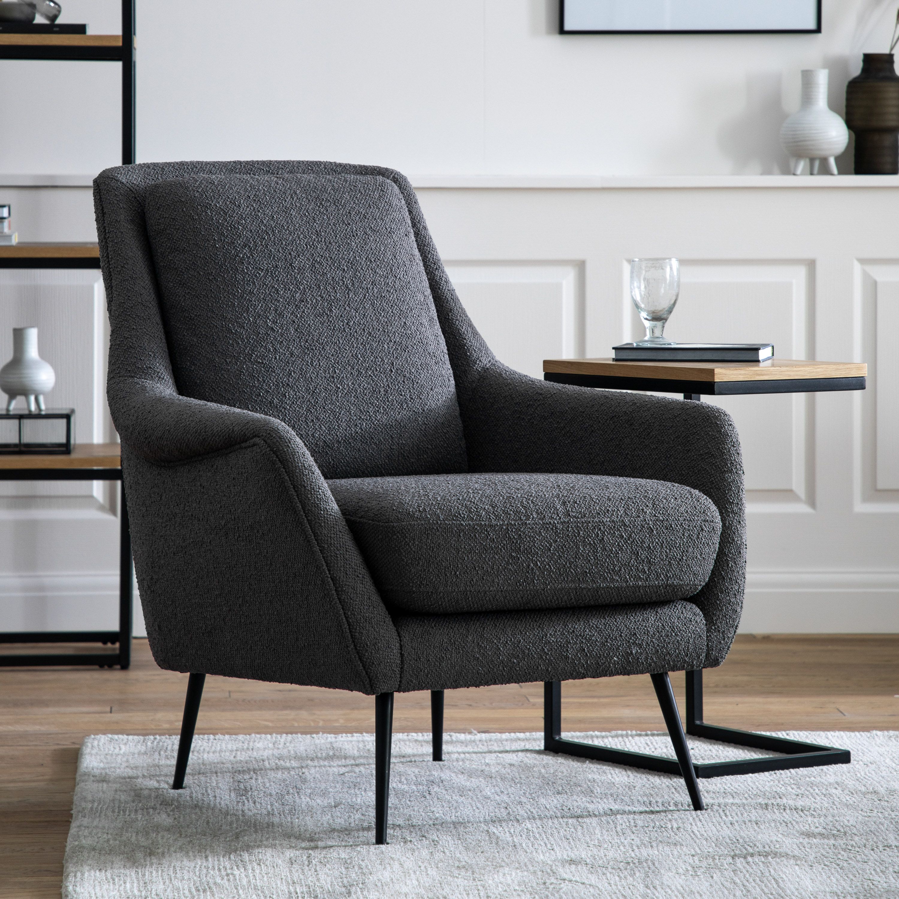 Gray upholstered armchair.