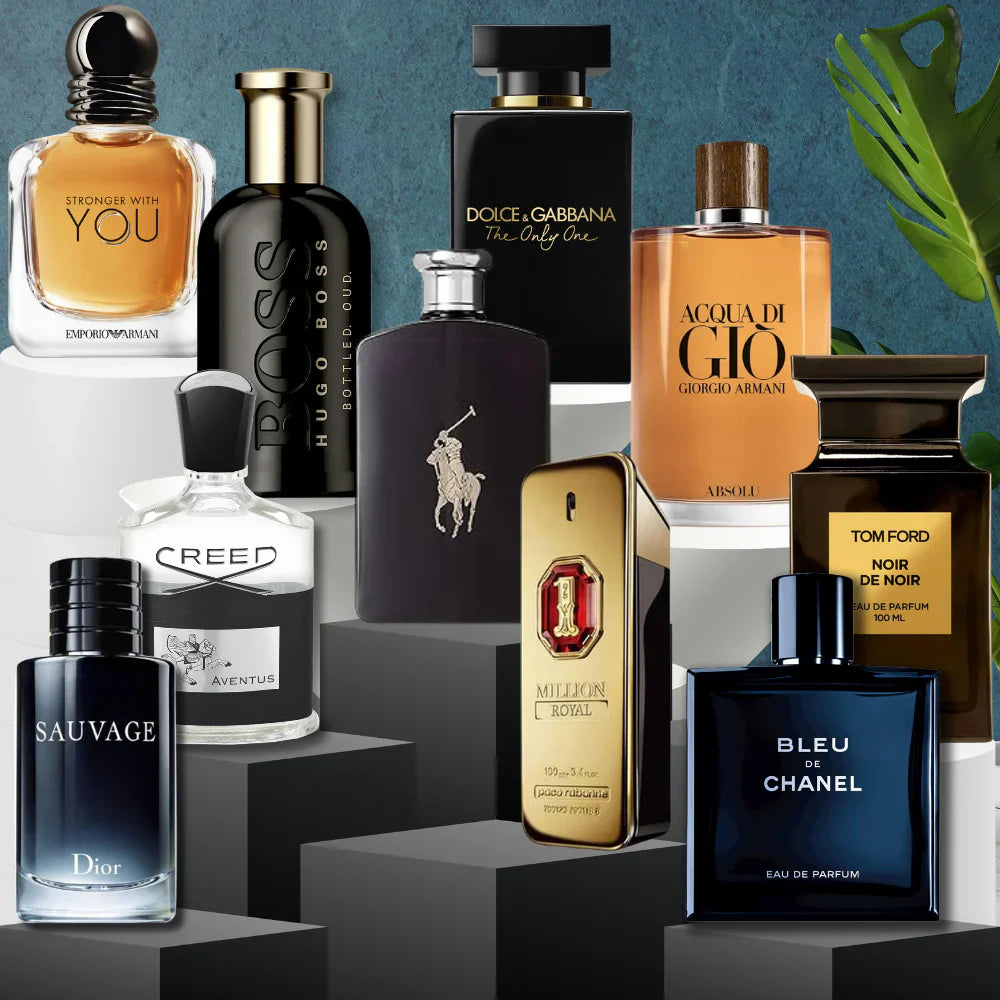 Assorted men’s cologne bottles.