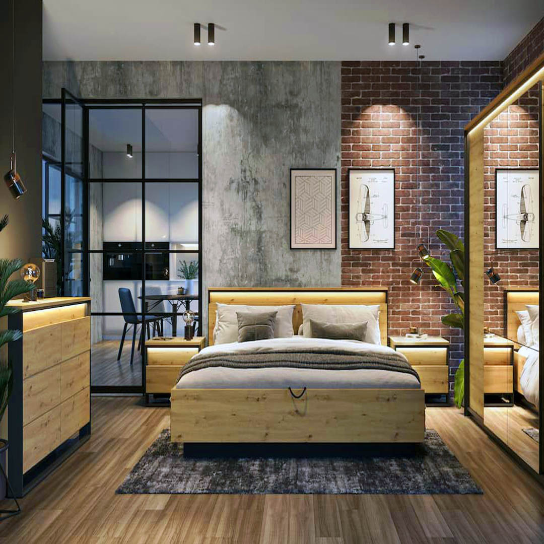 Modern bedroom with wooden furniture.