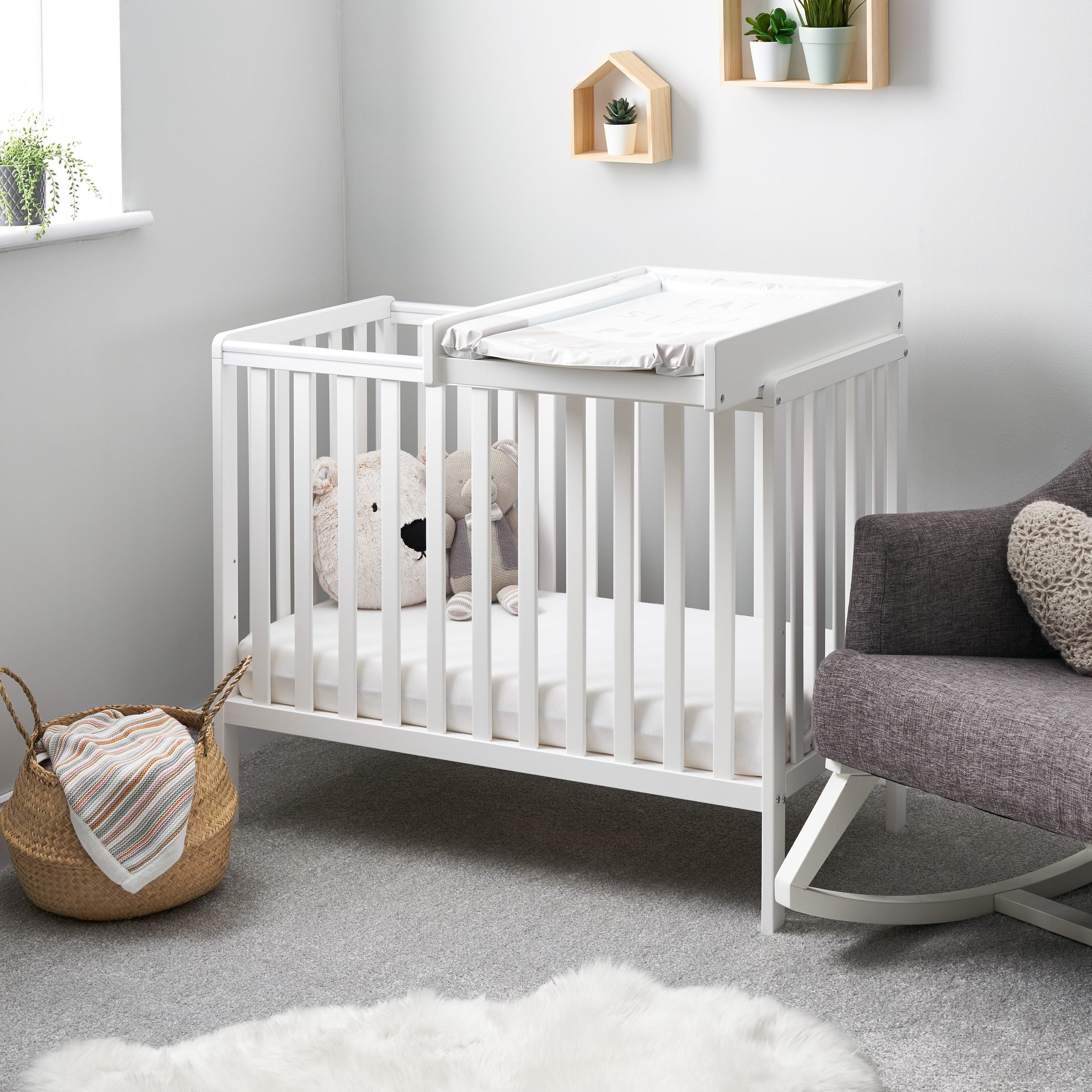 Bantam Space Saver Cot & Top Changer - White Design - Bundles