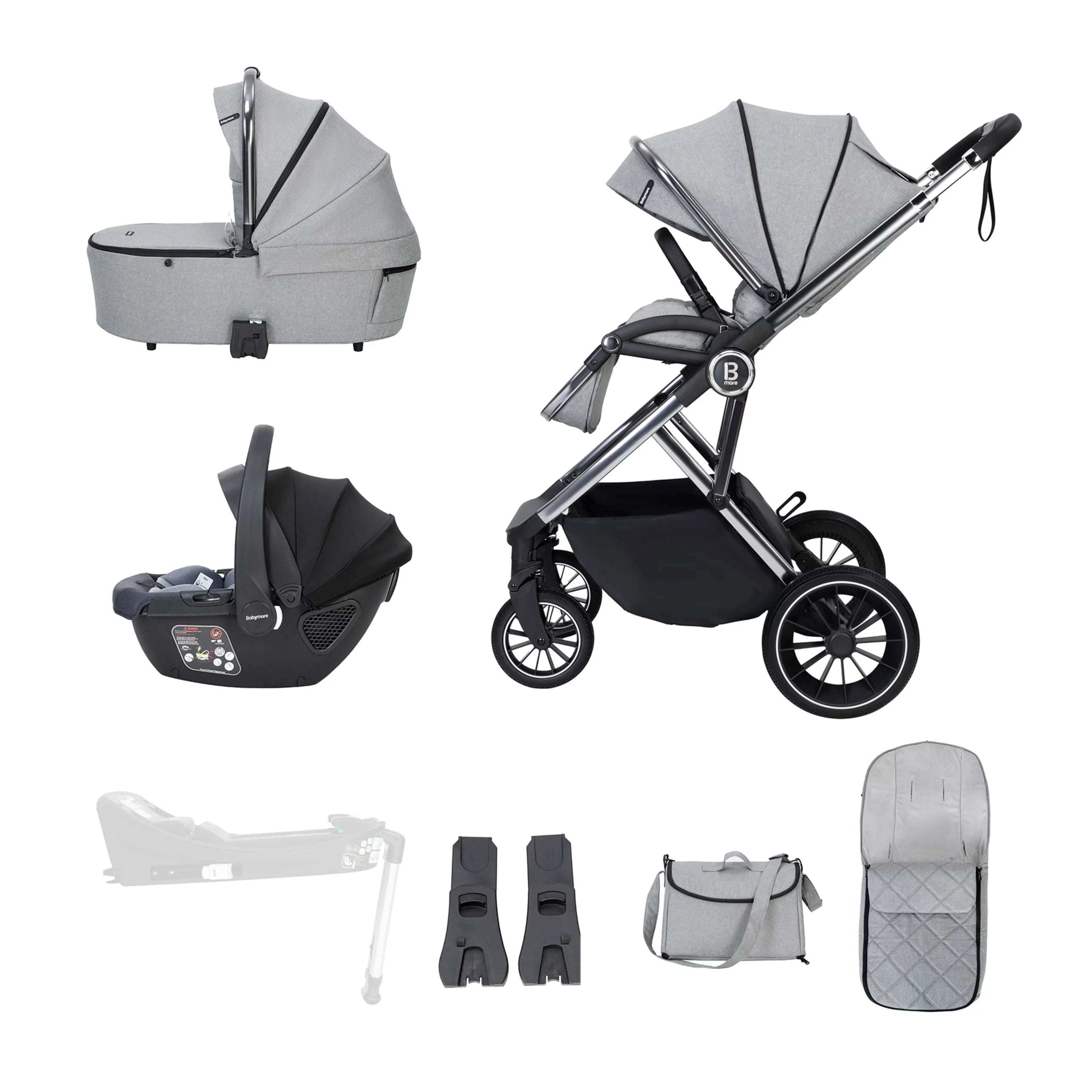 Chia Travel System Coco Car Seat with Carrycot and Accessories - Pearl Grey - Pushchair