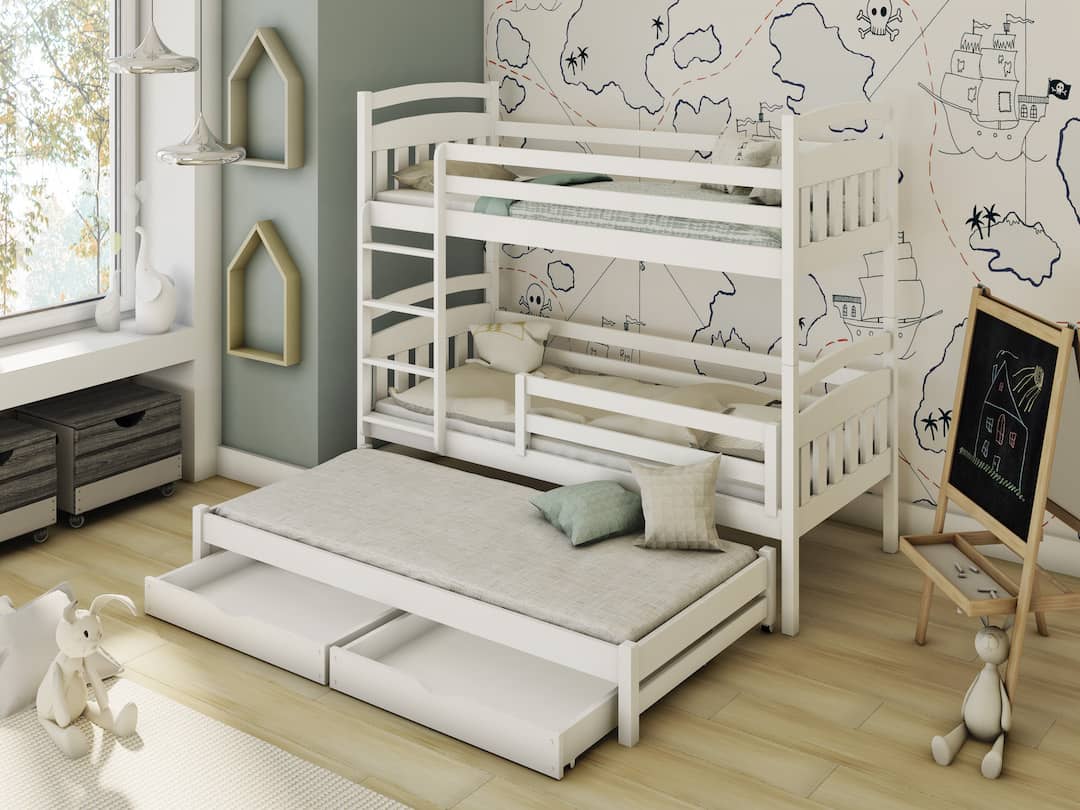 Wooden Bunk Bed Alan with Trundle and Storage White Matt Bunk Bed 
