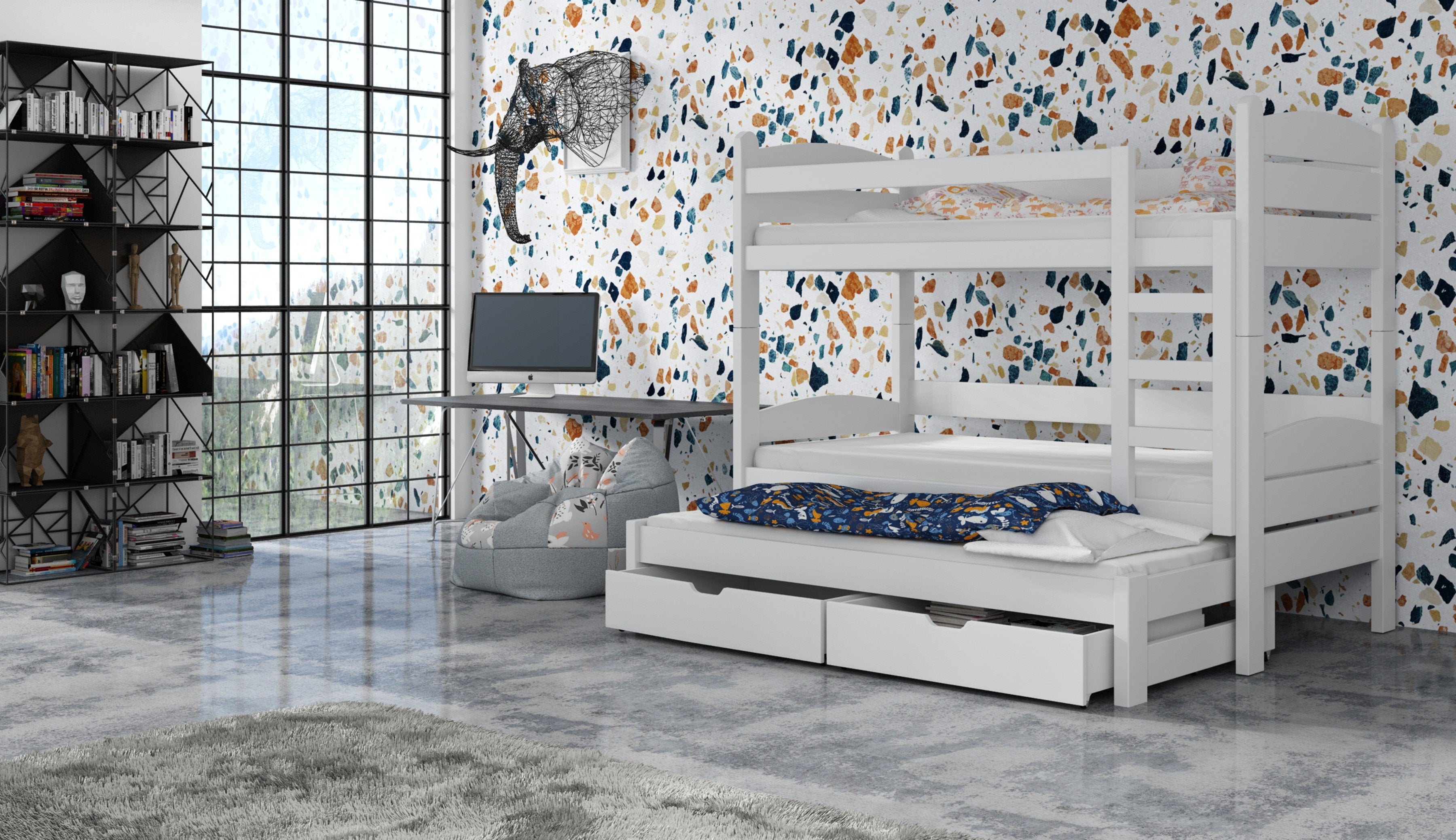 Wooden Bunk Bed Cezar with Trundle and Storage White Matt Bunk Bed 