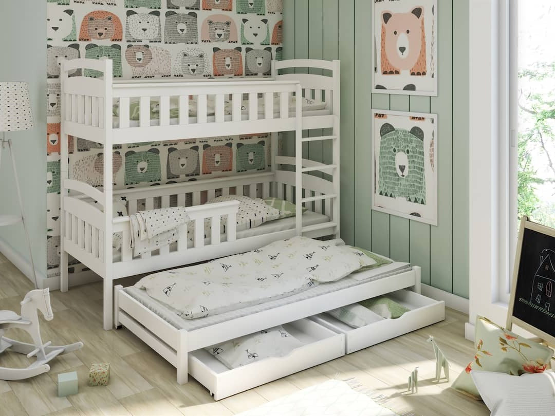 Wooden Bunk Bed Harriet with Trundle and Storage White Matt Bunk Bed 