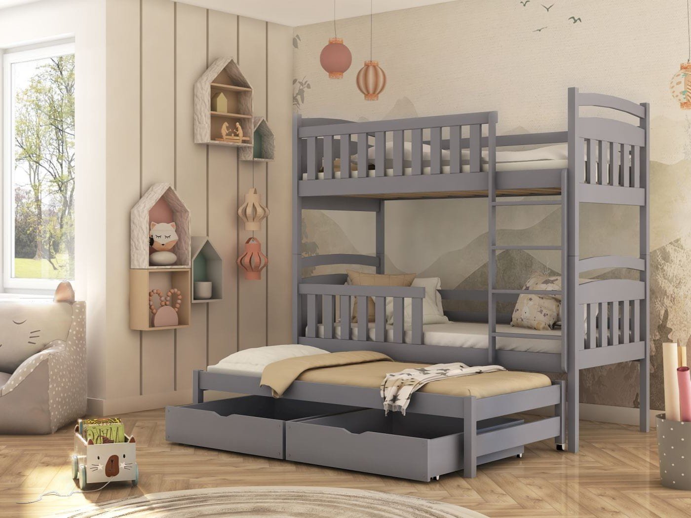 Wooden Bunk Bed Viki with Trundle and Storage Grey Matt Bunk Bed 